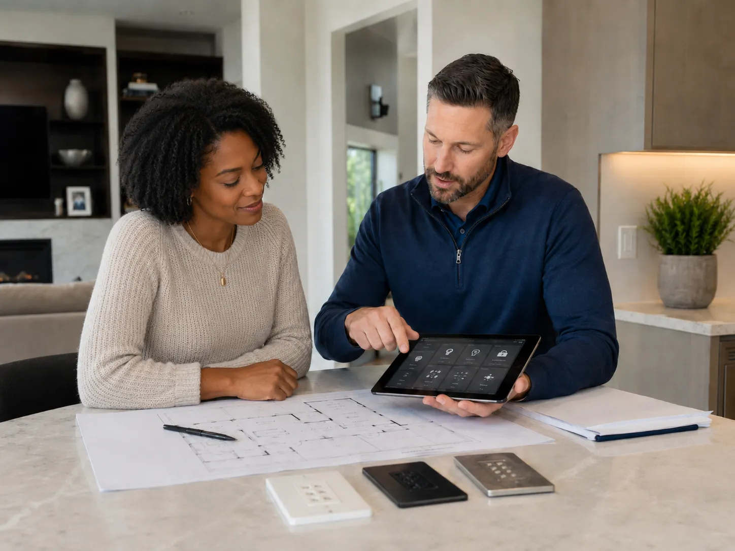 A DPS specialist reviewing a smart-home control app on a tablet with a client at a kitchen island, alongside floor plans and keypad samples