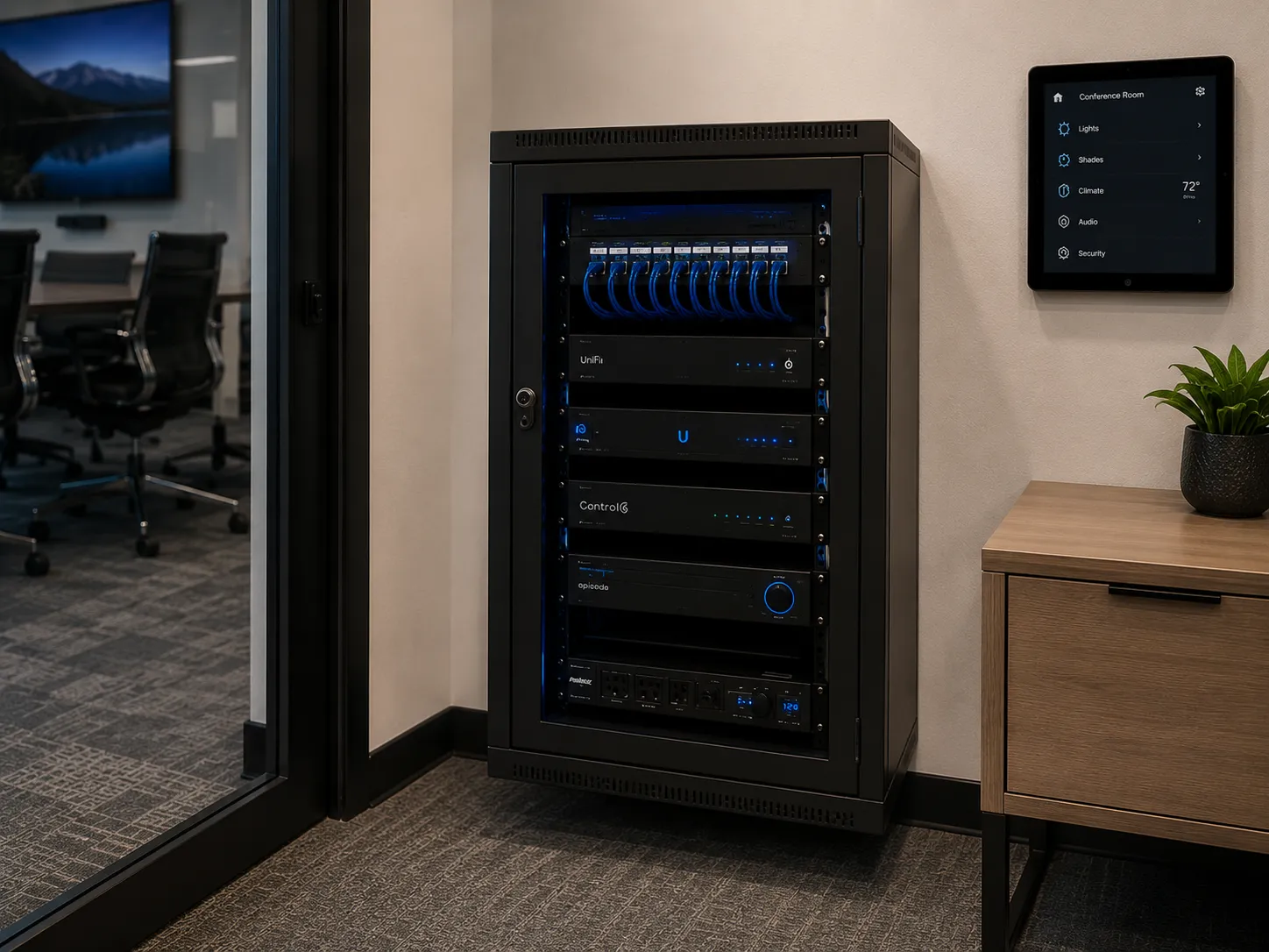 A neatly organized wall-mounted equipment rack with labeled network, control, and audio gear beside a glass conference room and a wall control panel