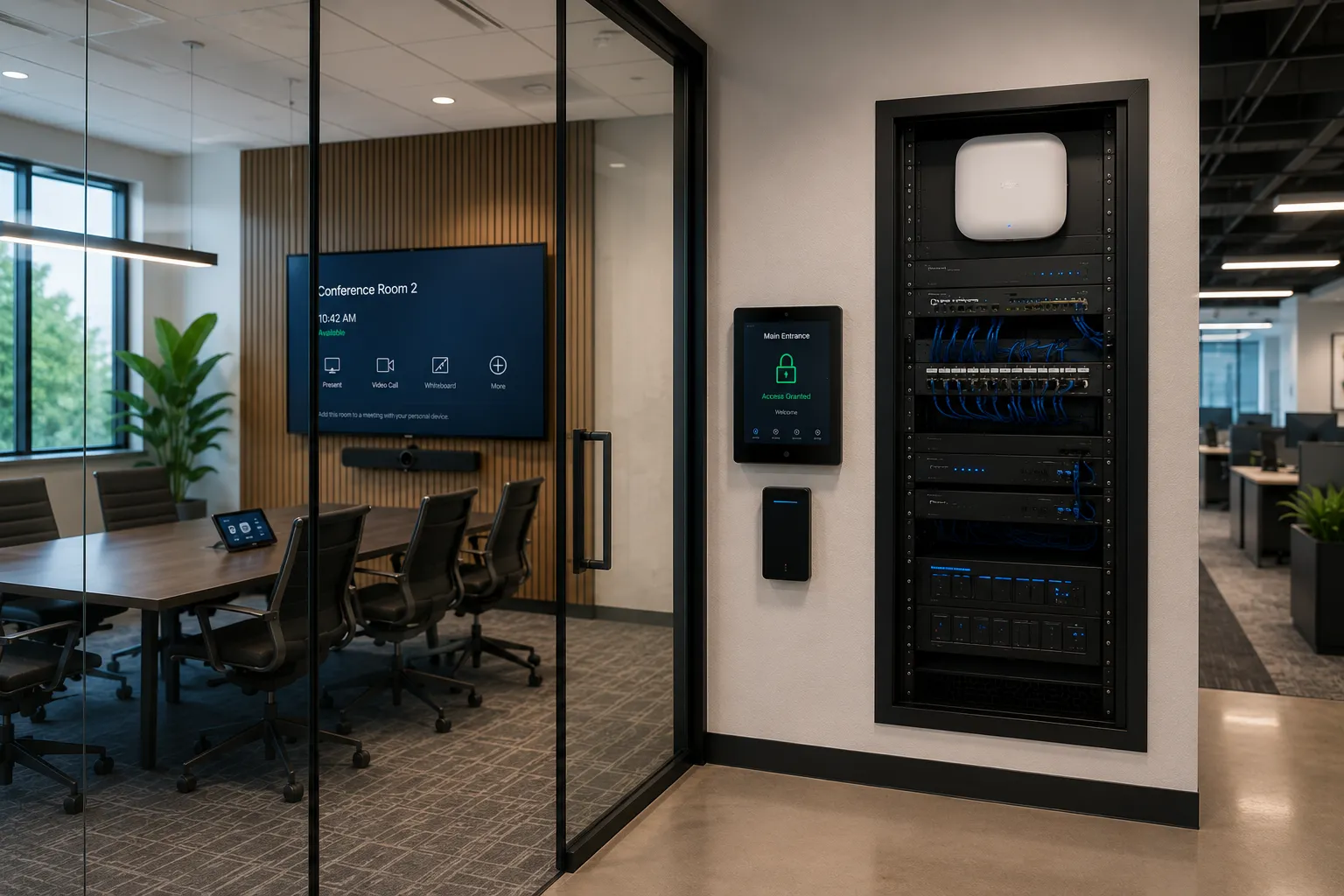 Modern office with a glass conference room display, an access-control entry panel, and a wall-mounted network and AV rack with Wi-Fi access point