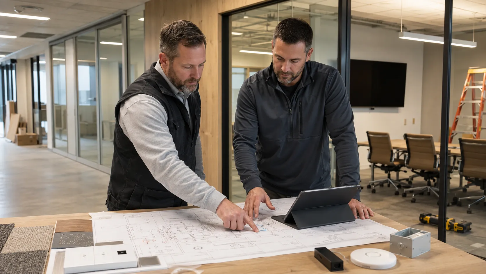 A contractor and a technology integrator reviewing commercial floor plans on a tablet in an office under buildout