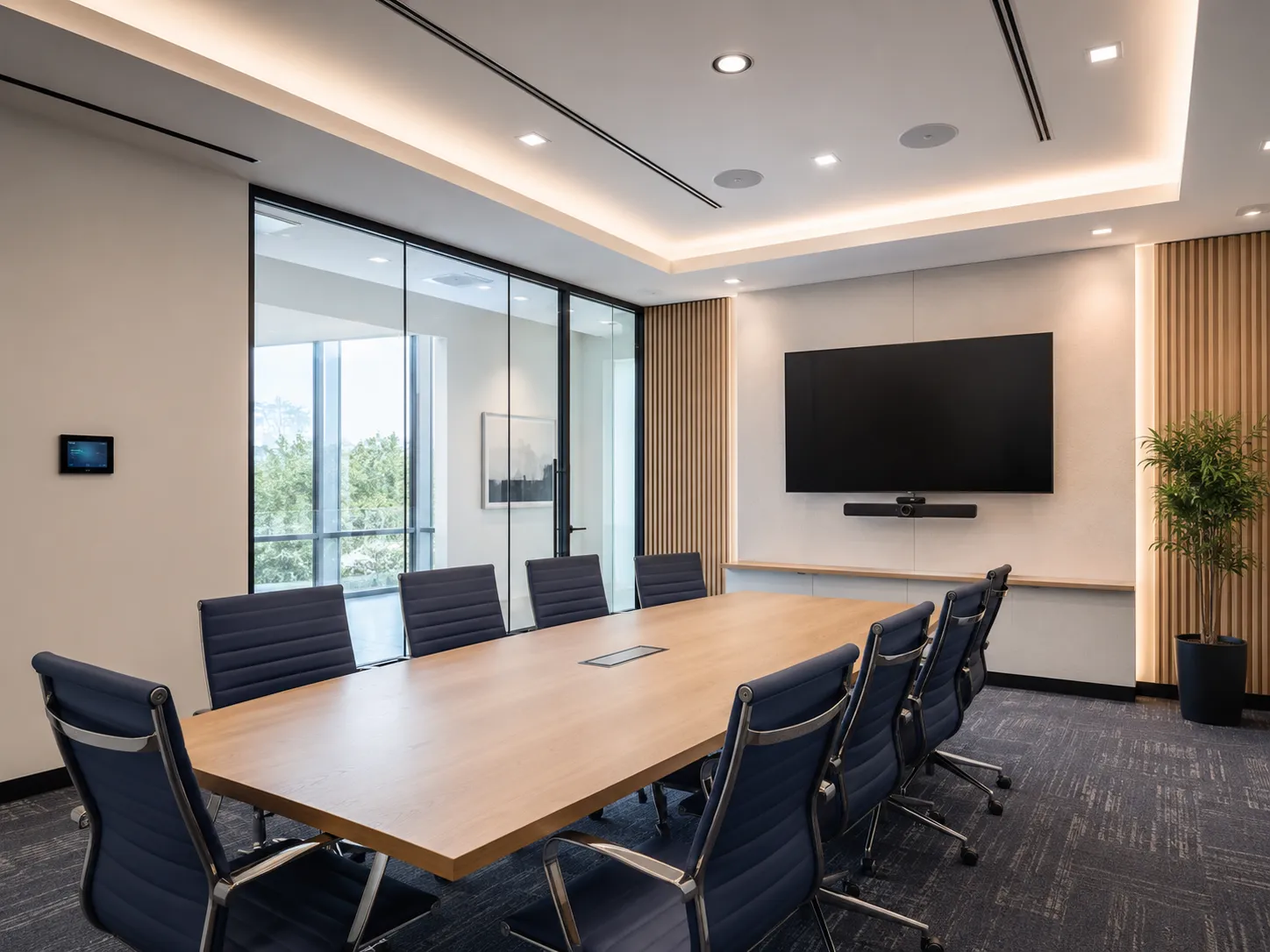 Modern conference room with a wall-mounted display, video bar, and integrated lighting