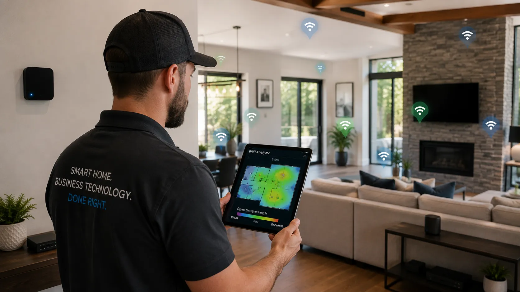 Technician testing wireless coverage