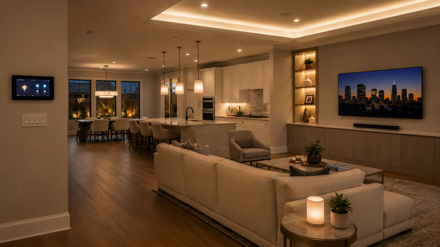 Warm evening lighting scene across an open-plan Katy living room and kitchen, with a wall control panel and media wall