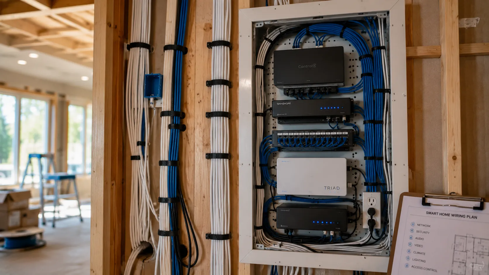 Neatly organized structured-wiring panel with labeled network, audio, and control gear during a home remodel rough-in