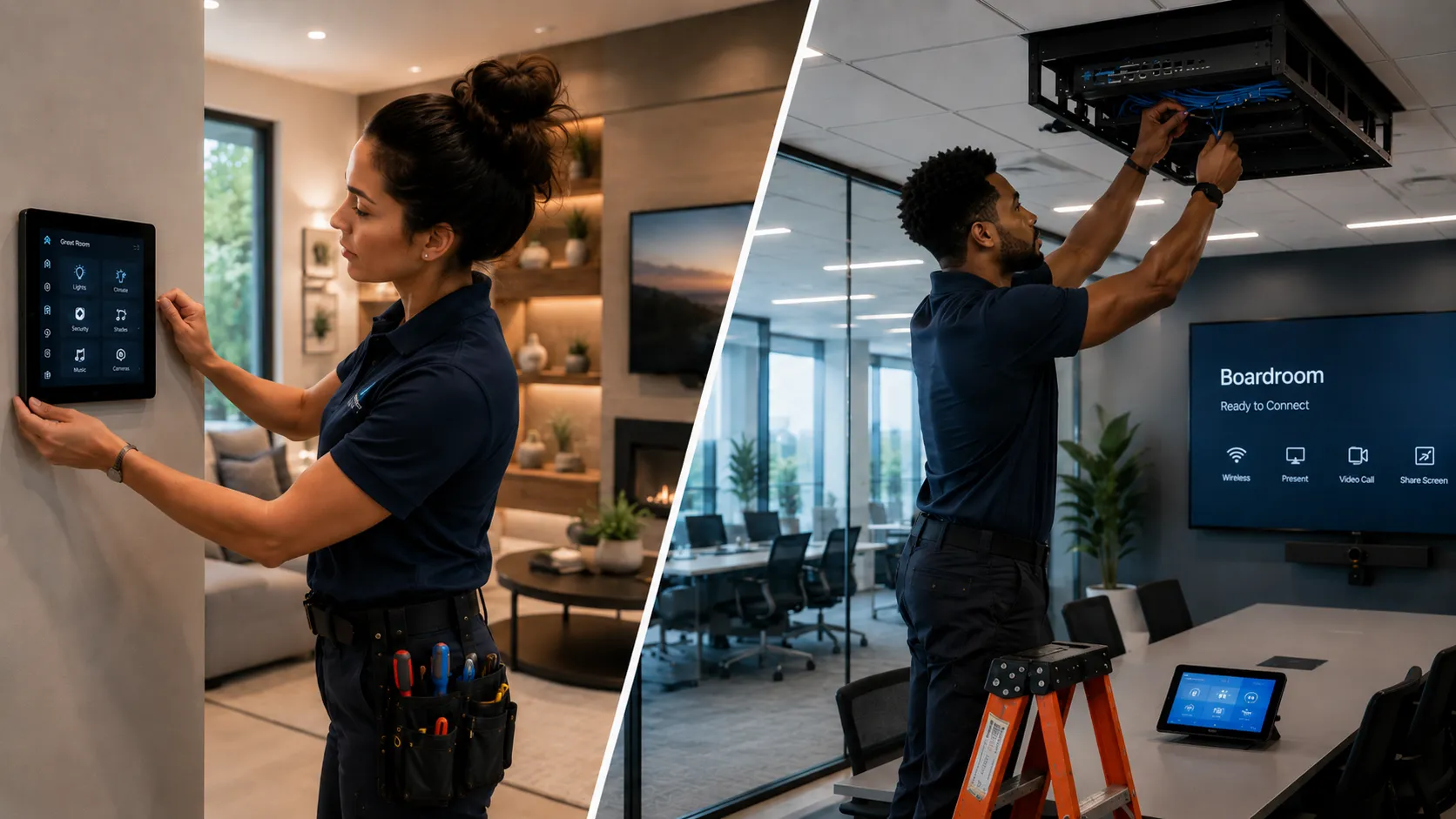 Split view of a technician setting up smart-home controls in a residence and mounting conference-room technology in an office